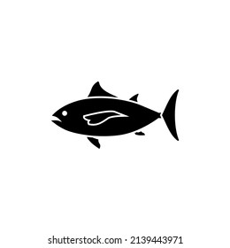 Vector illustration of a black silhouette tuna. Isolated white background. Icon fish tuna side view profile.