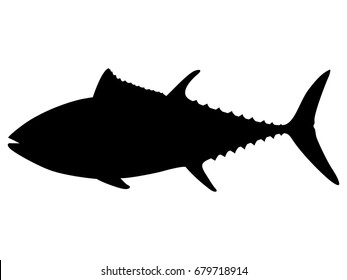 Vector illustration of a black silhouette tuna. Isolated white background. Icon fish tuna side view profile.