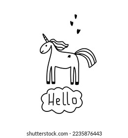 Vector illustration black silhouette white background unicorn with text hello for sticker, print, poster, postcard