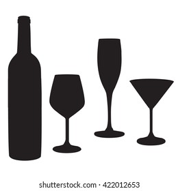 Vector illustration black silhouette of wine glass, champagne and cocktail glasses, wine bottle. Wineglass. Bottle and glasses icon