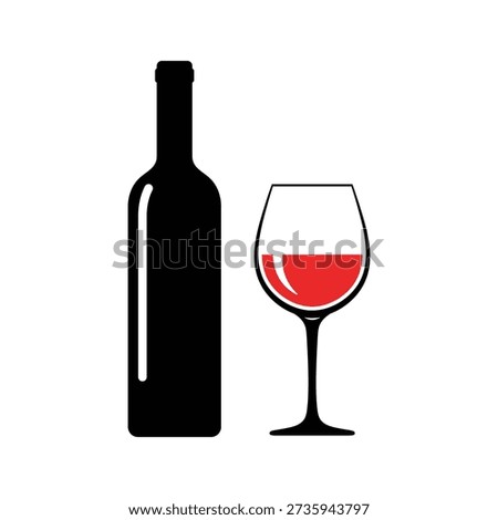 Vector illustration of a black silhouette of a wine bottle and a glass of red wine