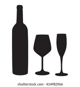 Vector illustration black silhouette of wineglass, champagne glass and wine bottle. Wineglass. Bottle and glasses icon