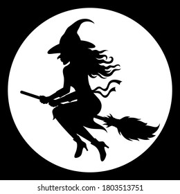 Vector illustration of a black silhouette of a witch flying on her broom, against a black and white circle background.