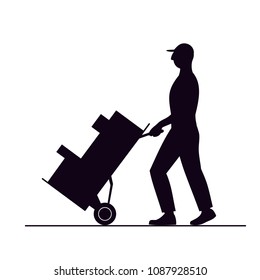 vector illustration black silhouette of a working man carrying boxes on a forklift, isolated on a white background