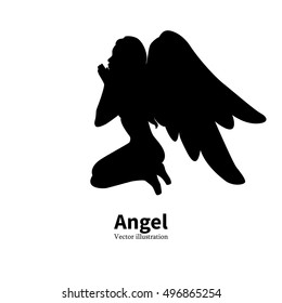 Vector illustration of black silhouette of a young girl with angel wings praying. Religious woman bows to God. Isolated white background. Logo icon angel. Side view profile.