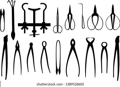 Vector illustration of black silhouettes of assorted gardening tools for bonsai shaping