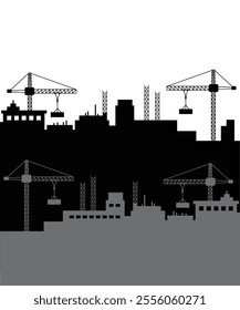 Vector illustration, black silhouettes of buildings and cranes isolated on white background. Tower crane builds a tall house. stock illustration