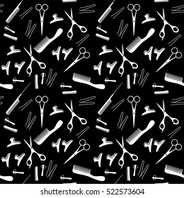 Vector illustration of black silhouettes hairdressing tools. Pattern for a beauty salon.