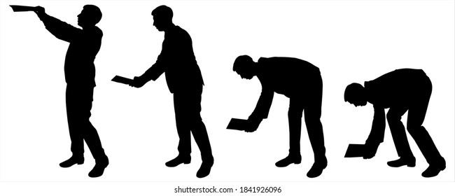 Vector illustration black silhouettes isolated on white background. A male silhouette does the work. Businessman in various poses: pulls out, lays down, searches, finds, shifts, bends, holds hands up.