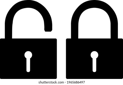 Vector illustration of black silhouettes of open and closed padlocks