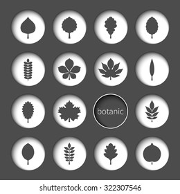 Vector illustration: black silhouettes of tree leaves (elm, beech, ash, linden, birch, alder, aspen, walnut, apple, oak, acacia, chestnut, conker) in concave white circles isolated on black background