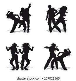 Vector illustration black silhouetts dancing couples on white background