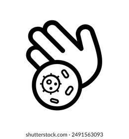 vector illustration. black simple icon, sign or symbol. web. hands with germs on them. dirty hands. hand under a microscope. health and medicine. virus. hygiene