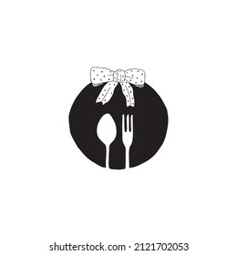 Vector illustration of black simple plate with spoon, fork, and bow. Hand drawn doodle style