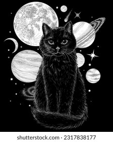 Vector illustration of a black sitting cat in engraving style on a background of space