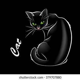 Vector illustration of the black sitting cat looking back