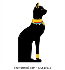 Vector illustration of a black sitting Egyptian cat isolated on white background. Bastet egypt cat