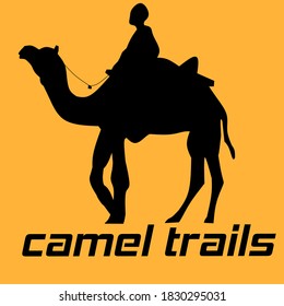 ilustración vectorial del sketch negro de un camello conducido por alguien y las palabras "CAMEL TRAILS", pueden utilizarse como logotipos, iconos y material de diseño de contenido de pista de camello.