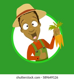 Vector illustration of black skin guy holding carrot showing thumbs up