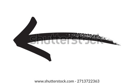 A vector illustration of a black, slightly curved arrow pointing left, featuring a rough, dry brush texture on the tail.
