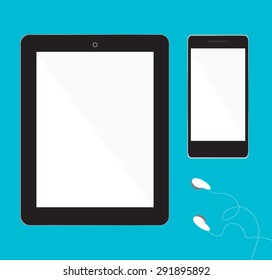 Vector illustration of the black smartphone and tablet with white ear phones 