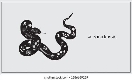 Vector illustration of a black snake with white flowers and plants. EPS 10.