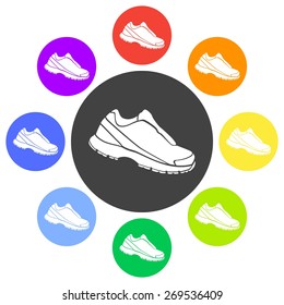 Vector illustration of black sneaker icon on white background. Circle.
