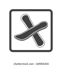 Vector illustration of black snowboard icon on white background. Button.