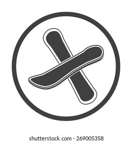 Vector illustration of black snowboard icon on white background. Circle.