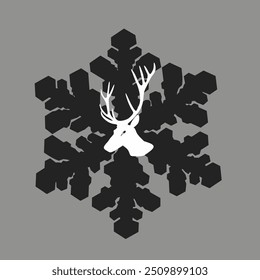 Ilustración vectorial de copo de nieve negro y cornamenta o silueta blanca de ciervo