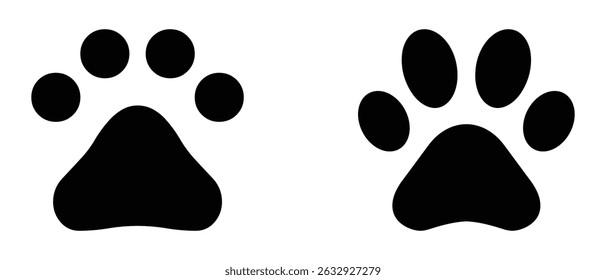 Vector illustration of black solid animal paw prints on a white background. Ideal for pet logos, veterinary branding, animal related designs, stickers, and decals. Icons, vector, symbols.
