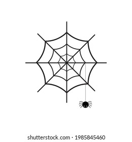 Vector illustration of black spider and spider web on white background. 