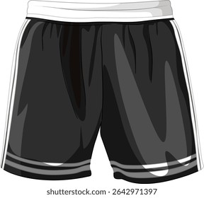 Vector illustration of black sports shorts with white accents, showcasing a sleek and modern design