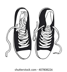 Vector illustration black sports sneakers with white laces gumshoes isolated on white background, hand drawn, top view