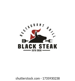 Vector Illustration of black steak logo cow fire.