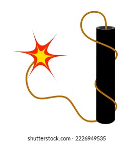 Vector illustration of a black stick of dynamite with a long burning fuse on a white background. Bomb guns that explode are very dangerous. Great for explosives logos