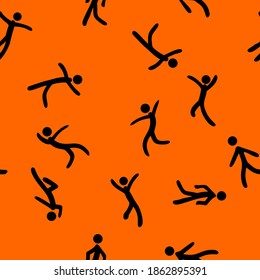 Vector illustration of black stick figures. repeating seamless banner pattern isolated on orange background