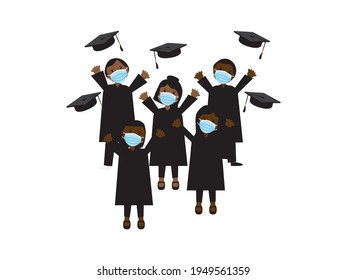 Vector illustration of Black students wearing face masks throwing their graduation hats in the air