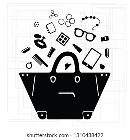 vector illustration of black stylish bag with small things inside for retail and fashion trends visuals