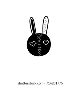 Vector illustration black stylized character fun hare with heart glasses for print, textile, card, poster, t-shirt, bags, decor.