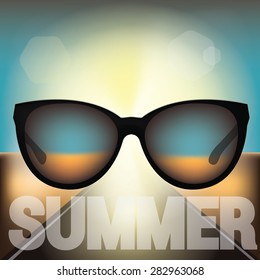 vector illustration of black sunglasses laying on the road and sign "Summer" on the sunlight and blur background