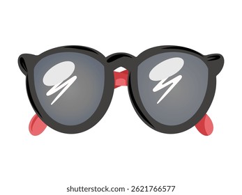Vector illustration of black sunglasses with red arms – fashionable summer eyewear accessory with reflective lenses