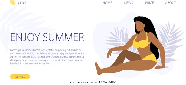 Vector illustration of black or tan woman sitting in yellow bikini. Summer holiday or Vacation concept. Sun bathing, tanning in the sun. Web page template 