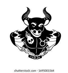 Vector illustration of black tattoo taurus simbol.  Brutal taurus-man tear off his clothes isolated on white background. Stylized picture for prints, stickers and tattoo.