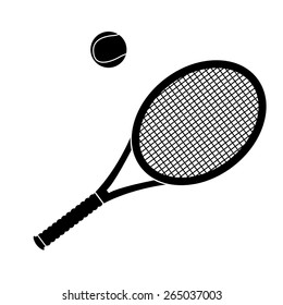 Vector illustration of black tennis racket and ball icon.  