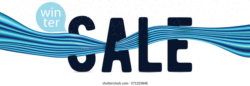 Vector illustration of black text sign WINTER SALE with blue silk ribbon isolated on white background
