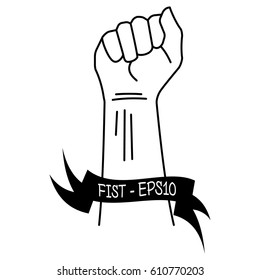 Vector illustration of a black thin line of hand clenched into a fist and ribbons with an inscription of a fist - EPS10, on a white background.