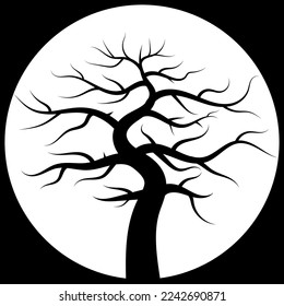 Vector illustration of a black tree in a white circle on an isolated black background.