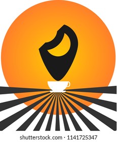 Vector illustration of a black triangle coffee shop. Orange circles on a white background can be used for both print and web.