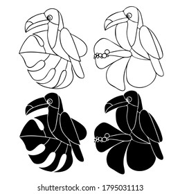 vector illustration in black, tropical bird on flowers, toucan, line drawing and silhouette, isolate on white background, template